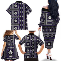 Fiji Masi Tapa Pattern Purple Family Matching Off The Shoulder Long Sleeve Dress and Hawaiian Shirt LT01 - Polynesian Pride