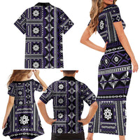 Fiji Masi Tapa Pattern Purple Family Matching Short Sleeve Bodycon Dress and Hawaiian Shirt LT01 - Polynesian Pride