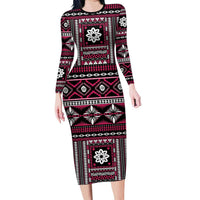 Fiji Masi Tapa Pattern Pink Family Matching Long Sleeve Bodycon Dress and Hawaiian Shirt LT01 Mom's Dress Pink - Polynesian Pride