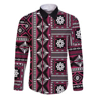 Fiji Masi Tapa Pattern Pink Family Matching Off The Shoulder Long Sleeve Dress and Hawaiian Shirt LT01 Dad's Shirt - Long Sleeve Pink - Polynesian Pride