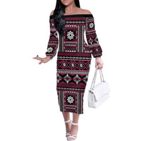 Fiji Masi Tapa Pattern Pink Family Matching Off The Shoulder Long Sleeve Dress and Hawaiian Shirt LT01 Mom's Dress Pink - Polynesian Pride