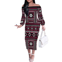Fiji Masi Tapa Pattern Pink Off The Shoulder Long Sleeve Dress - Polynesian Pride