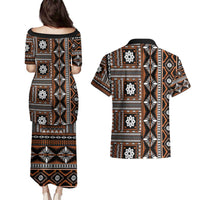 Fiji Masi Tapa Pattern Orange Couples Matching Puletasi and Hawaiian Shirt - Polynesian Pride