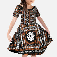 Fiji Masi Tapa Pattern Orange Family Matching Off The Shoulder Long Sleeve Dress and Hawaiian Shirt LT01 Daughter's Dress Orange - Polynesian Pride