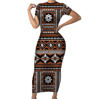 Fiji Masi Tapa Pattern Orange Family Matching Short Sleeve Bodycon Dress and Hawaiian Shirt LT01 Mom's Dress Orange - Polynesian Pride
