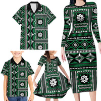Fiji Masi Tapa Pattern Green Family Matching Long Sleeve Bodycon Dress and Hawaiian Shirt LT01 - Polynesian Pride