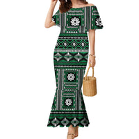 Fiji Masi Tapa Pattern Green Family Matching Mermaid Dress and Hawaiian Shirt LT01 Mom's Dress Green - Polynesian Pride