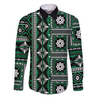 Fiji Masi Tapa Pattern Green Family Matching Off The Shoulder Long Sleeve Dress and Hawaiian Shirt LT01 Dad's Shirt - Long Sleeve Green - Polynesian Pride