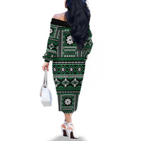Fiji Masi Tapa Pattern Green Family Matching Off The Shoulder Long Sleeve Dress and Hawaiian Shirt LT01 - Polynesian Pride