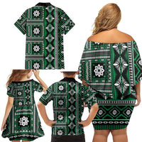 Fiji Masi Tapa Pattern Green Family Matching Off Shoulder Short Dress and Hawaiian Shirt LT01 - Polynesian Pride