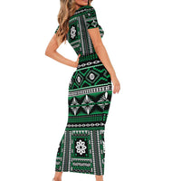 Fiji Masi Tapa Pattern Green Family Matching Short Sleeve Bodycon Dress and Hawaiian Shirt LT01 - Polynesian Pride