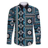 Fiji Masi Tapa Pattern Blue Family Matching Long Sleeve Bodycon Dress and Hawaiian Shirt LT01 Dad's Shirt - Long Sleeve Blue - Polynesian Pride