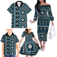 Fiji Masi Tapa Pattern Blue Family Matching Off The Shoulder Long Sleeve Dress and Hawaiian Shirt LT01 - Polynesian Pride