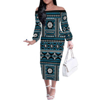 Fiji Masi Tapa Pattern Blue Family Matching Off The Shoulder Long Sleeve Dress and Hawaiian Shirt LT01 Mom's Dress Blue - Polynesian Pride