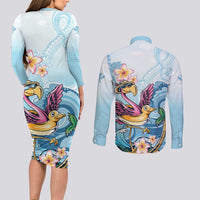 Hawaii Flamingo Couples Matching Long Sleeve Bodycon Dress and Long Sleeve Button Shirt Plumeria Tropical Beach LT01 - Polynesian Pride