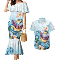 Hawaii Flamingo Couples Matching Mermaid Dress and Hawaiian Shirt Plumeria Tropical Beach LT01 Blue - Polynesian Pride