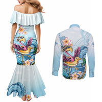 Hawaii Flamingo Couples Matching Mermaid Dress and Long Sleeve Button Shirt Plumeria Tropical Beach LT01 - Polynesian Pride
