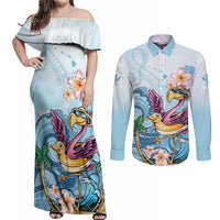 Hawaii Flamingo Couples Matching Off Shoulder Maxi Dress and Long Sleeve Button Shirt Plumeria Tropical Beach LT01 Blue - Polynesian Pride