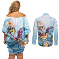 Hawaii Flamingo Couples Matching Off Shoulder Short Dress and Long Sleeve Button Shirt Plumeria Tropical Beach LT01 - Polynesian Pride