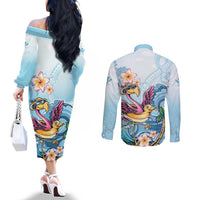 Hawaii Flamingo Couples Matching Off The Shoulder Long Sleeve Dress and Long Sleeve Button Shirt Plumeria Tropical Beach LT01 - Polynesian Pride