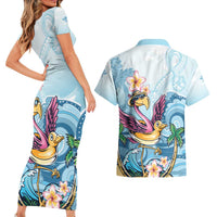 Hawaii Flamingo Couples Matching Short Sleeve Bodycon Dress and Hawaiian Shirt Plumeria Tropical Beach LT01 - Polynesian Pride