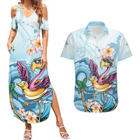 Hawaii Flamingo Couples Matching Summer Maxi Dress and Hawaiian Shirt Plumeria Tropical Beach LT01 Blue - Polynesian Pride