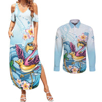 Hawaii Flamingo Couples Matching Summer Maxi Dress and Long Sleeve Button Shirt Plumeria Tropical Beach LT01 Blue - Polynesian Pride