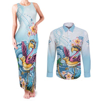 Hawaii Flamingo Couples Matching Tank Maxi Dress and Long Sleeve Button Shirt Plumeria Tropical Beach LT01 Blue - Polynesian Pride