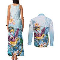Hawaii Flamingo Couples Matching Tank Maxi Dress and Long Sleeve Button Shirt Plumeria Tropical Beach LT01 - Polynesian Pride