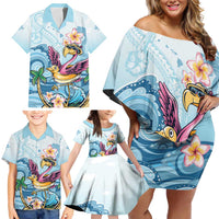 Hawaii Flamingo Family Matching Off Shoulder Short Dress and Hawaiian Shirt Plumeria Tropical Beach