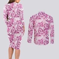 Pink Ribbon Hibiscus Tropical Pattern Couples Matching Long Sleeve Bodycon Dress and Long Sleeve Button Shirt Breast Cancer LT01 - Polynesian Pride