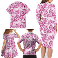 Pink Ribbon Hibiscus Tropical Pattern Family Matching Long Sleeve Bodycon Dress and Hawaiian Shirt Breast Cancer LT01 - Polynesian Pride