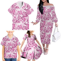 Pink Ribbon Hibiscus Tropical Pattern Family Matching Off The Shoulder Long Sleeve Dress and Hawaiian Shirt Breast Cancer LT01 - Polynesian Pride