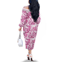 Pink Ribbon Hibiscus Tropical Pattern Family Matching Off The Shoulder Long Sleeve Dress and Hawaiian Shirt Breast Cancer LT01 - Polynesian Pride