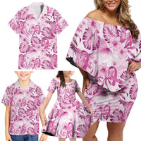 Pink Ribbon Hibiscus Tropical Pattern Family Matching Off Shoulder Short Dress and Hawaiian Shirt Breast Cancer LT01 - Polynesian Pride