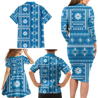 Fiji Masi All Blue Family Matching Long Sleeve Bodycon Dress and Hawaiian Shirt Tapa Pattern LT01 - Polynesian Pride