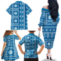 Fiji Masi All Blue Family Matching Off The Shoulder Long Sleeve Dress and Hawaiian Shirt Tapa Pattern LT01 - Polynesian Pride