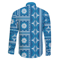 Fiji Masi All Blue Family Matching Off The Shoulder Long Sleeve Dress and Hawaiian Shirt Tapa Pattern LT01 - Polynesian Pride