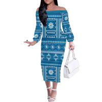 Fiji Masi All Blue Family Matching Off The Shoulder Long Sleeve Dress and Hawaiian Shirt Tapa Pattern LT01 Mom's Dress Blue - Polynesian Pride