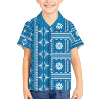 Fiji Masi All Blue Family Matching Off The Shoulder Long Sleeve Dress and Hawaiian Shirt Tapa Pattern LT01 Son's Shirt Blue - Polynesian Pride