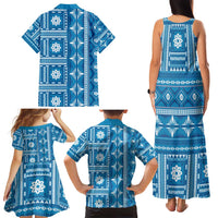 Fiji Masi All Blue Family Matching Tank Maxi Dress and Hawaiian Shirt Tapa Pattern LT01 - Polynesian Pride
