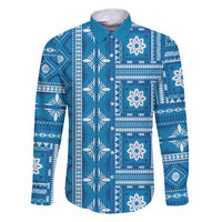 Fiji Masi All Blue Family Matching Tank Maxi Dress and Hawaiian Shirt Tapa Pattern LT01 Dad's Shirt - Long Sleeve Blue - Polynesian Pride