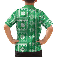 Fiji Masi All Green Family Matching Off The Shoulder Long Sleeve Dress and Hawaiian Shirt Tapa Pattern LT01 - Polynesian Pride