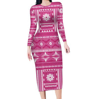 Fiji Masi All Pink Family Matching Long Sleeve Bodycon Dress and Hawaiian Shirt Tapa Pattern LT01 Mom's Dress Pink - Polynesian Pride