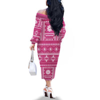 Fiji Masi All Pink Family Matching Off The Shoulder Long Sleeve Dress and Hawaiian Shirt Tapa Pattern LT01 - Polynesian Pride