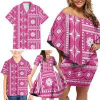 Fiji Masi All Pink Family Matching Off Shoulder Short Dress and Hawaiian Shirt Tapa Pattern LT01 - Polynesian Pride