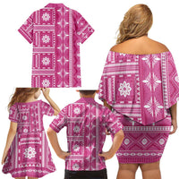 Fiji Masi All Pink Family Matching Off Shoulder Short Dress and Hawaiian Shirt Tapa Pattern LT01 - Polynesian Pride
