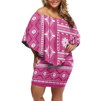 Fiji Masi All Pink Family Matching Off Shoulder Short Dress and Hawaiian Shirt Tapa Pattern LT01 Mom's Dress Pink - Polynesian Pride