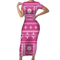 Fiji Masi All Pink Family Matching Short Sleeve Bodycon Dress and Hawaiian Shirt Tapa Pattern LT01 Mom's Dress Pink - Polynesian Pride