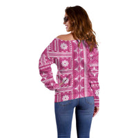 Fiji Masi All Pink Off Shoulder Sweater Tapa Pattern - Polynesian Pride